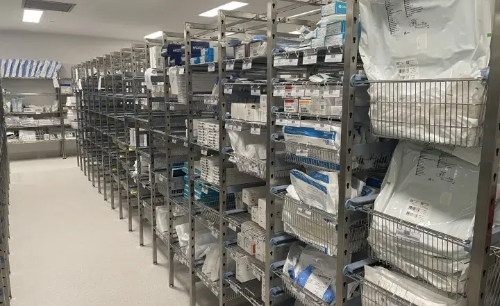 A storeroom stocked with supplies at new Footscray Hospital