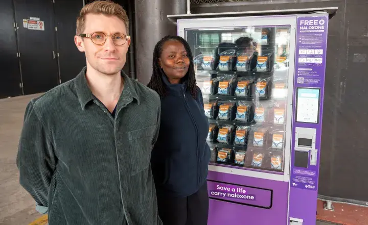 Thomas Jones and Stellah Magunje from the Addiction Medicine team with Sunshine Hospital's naloxone dispenser