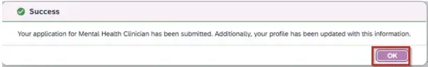 Step 21 pop-up advising you of your application